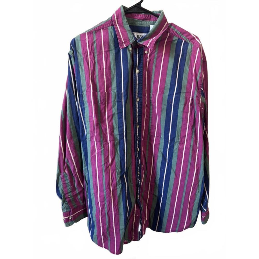 Vintage 90s Basic Editions Striped Button Shirt O… - image 1